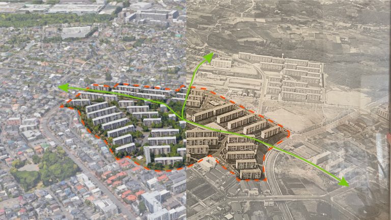 右が竣工当時、左が現在。緑矢印は遊歩道の計画を指す。